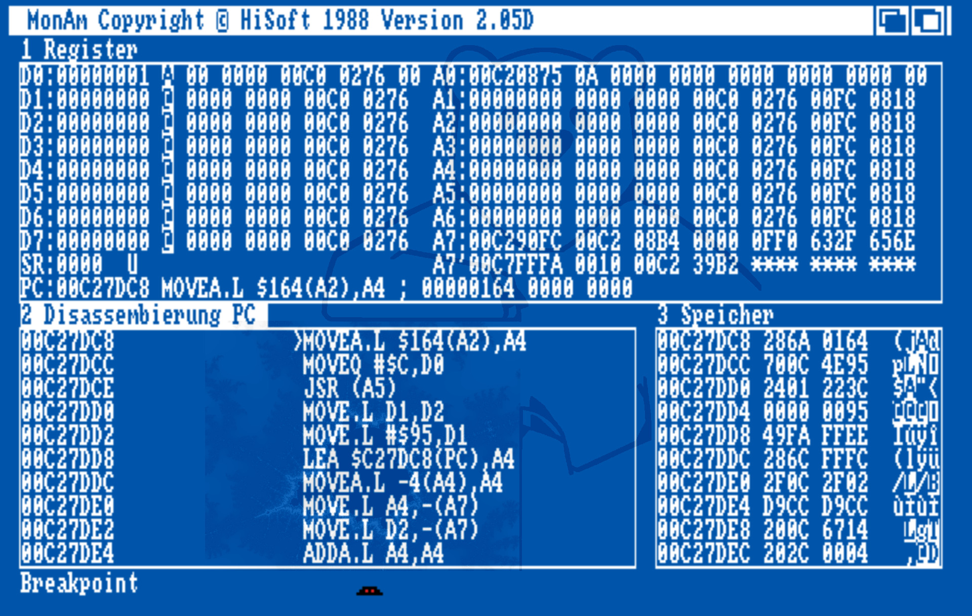 HiSoft DevPac Assembler 2.14D - Der Debugger - Geöffnet ist das Programm "EndCli" aus dem Verzeichnis DF0:c